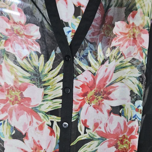Cache Vintage Black Sheer Blouse with Pink Floral Design - Picture 3 of 5